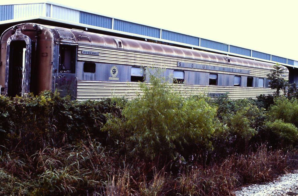 Southern Rwy Tombigbee River (10-6 sleeper). Car privately owned. Owner started gutting car to turn into sleeper lounge but never completed. All windows on this side broken out. Later car was moved to Clanton, Al. as part of a restaurant which burned. Rem